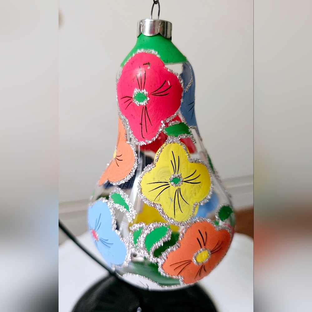 Large hand-painted glass Christmas ornament. Floral Botanical design. Pear Shape